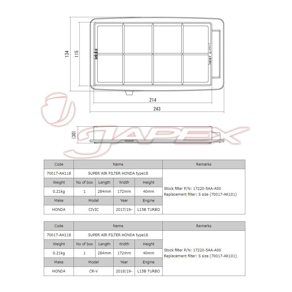 HKS Super Air Filter 70017-AH118 for CIVIC FK7